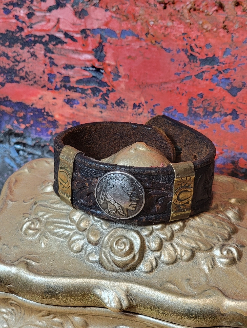 Vintage Tooled Leather Cuff Bracelet with Indian Head Coin Artisian